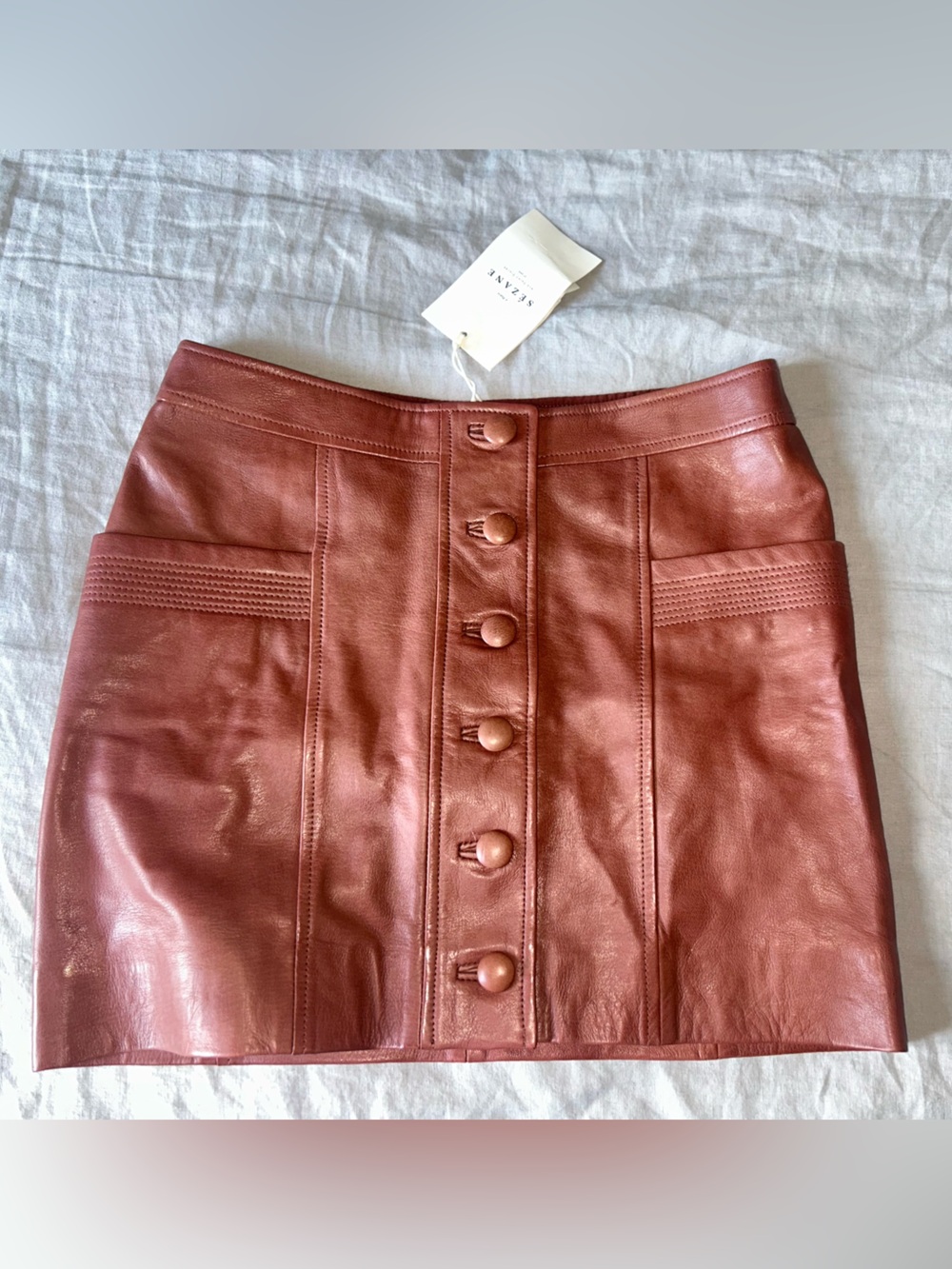 Sezane ‘Alison’ Rust Brown Lamb’s Leather Mini Skirt with Front Buttons BNWT